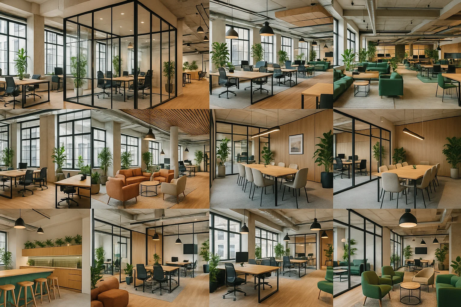 Collage van 10 moderne coworkingruimtes in België met open werkplekken, glazen kantoren en veel daglicht.