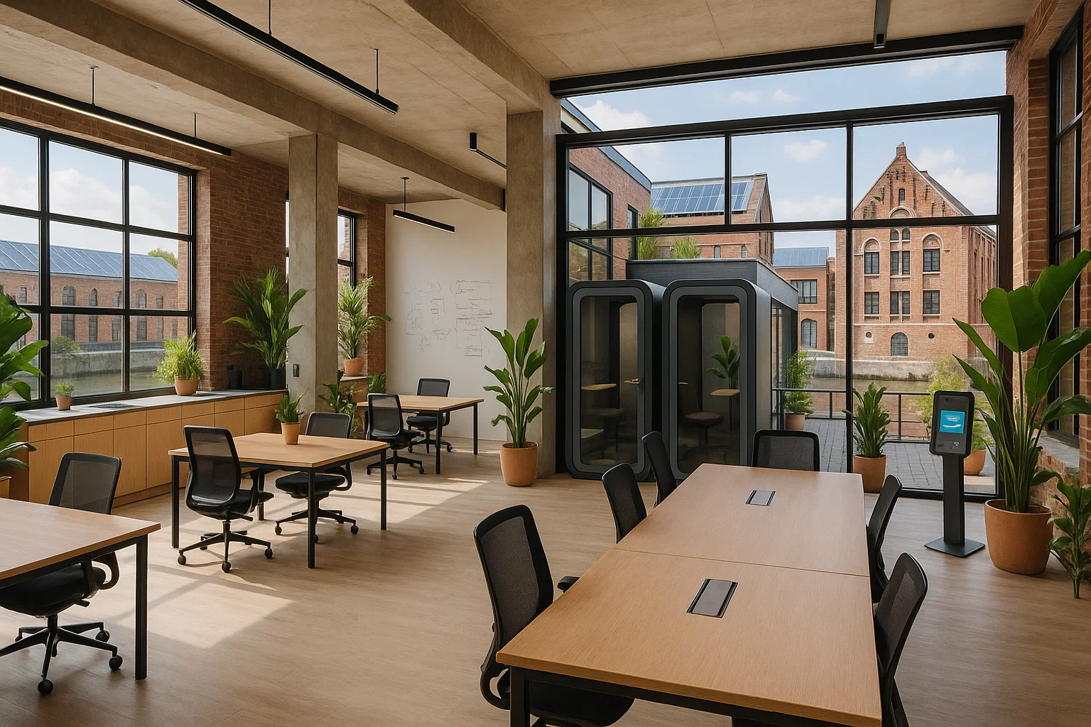 Coworkingruimte in Gent met industrieel ontwerp, veel daglicht, groene elementen, dakterras en moderne voorzieningen voor start-ups en creatieven