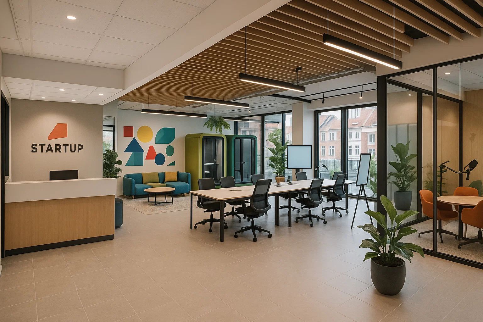 Moderne coworkingruimte met flexibele bureaus, brainstormhoeken, een podcaststudio en een dakterras – ideaal voor start-ups in een stedelijke omgeving