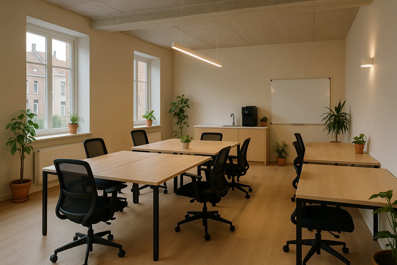 Betaalbare coworkingruimte in België met gedeelde bureaus, minimalistisch interieur, natuurlijke lichtinval en gemeenschappelijke voorzieningen zoals een koffiehoek en keuken.