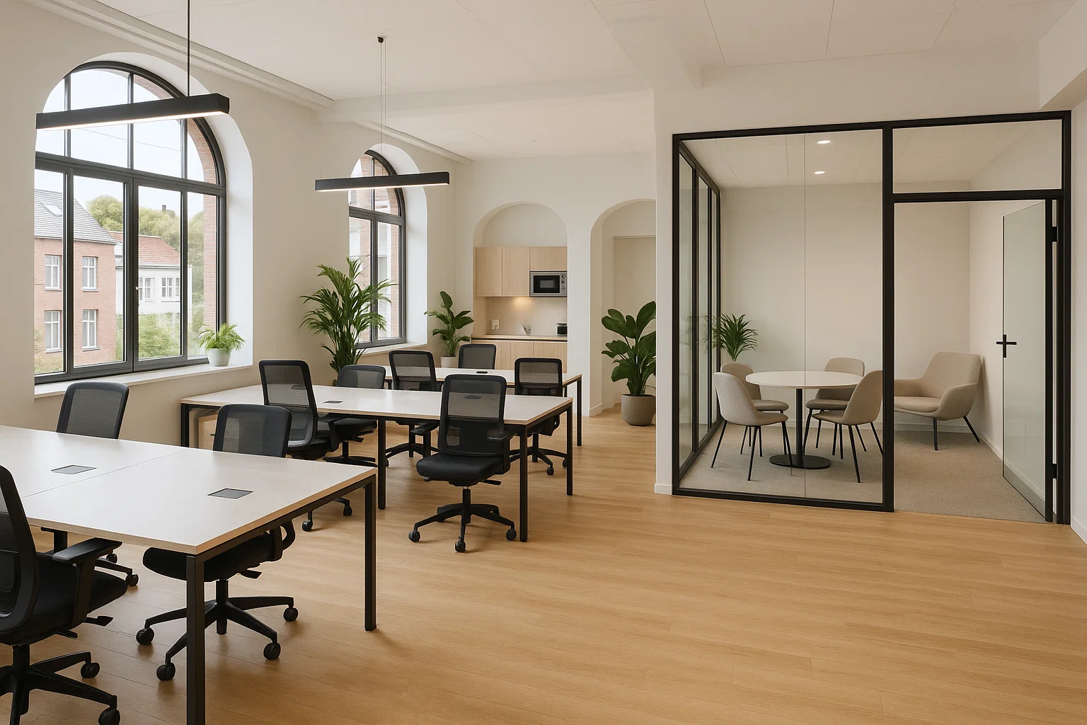 Moderne coworkingruimte in België met ergonomische bureaus, stille zones, vergaderruimtes en een gedeelde keuken, omgeven door planten en daglicht.