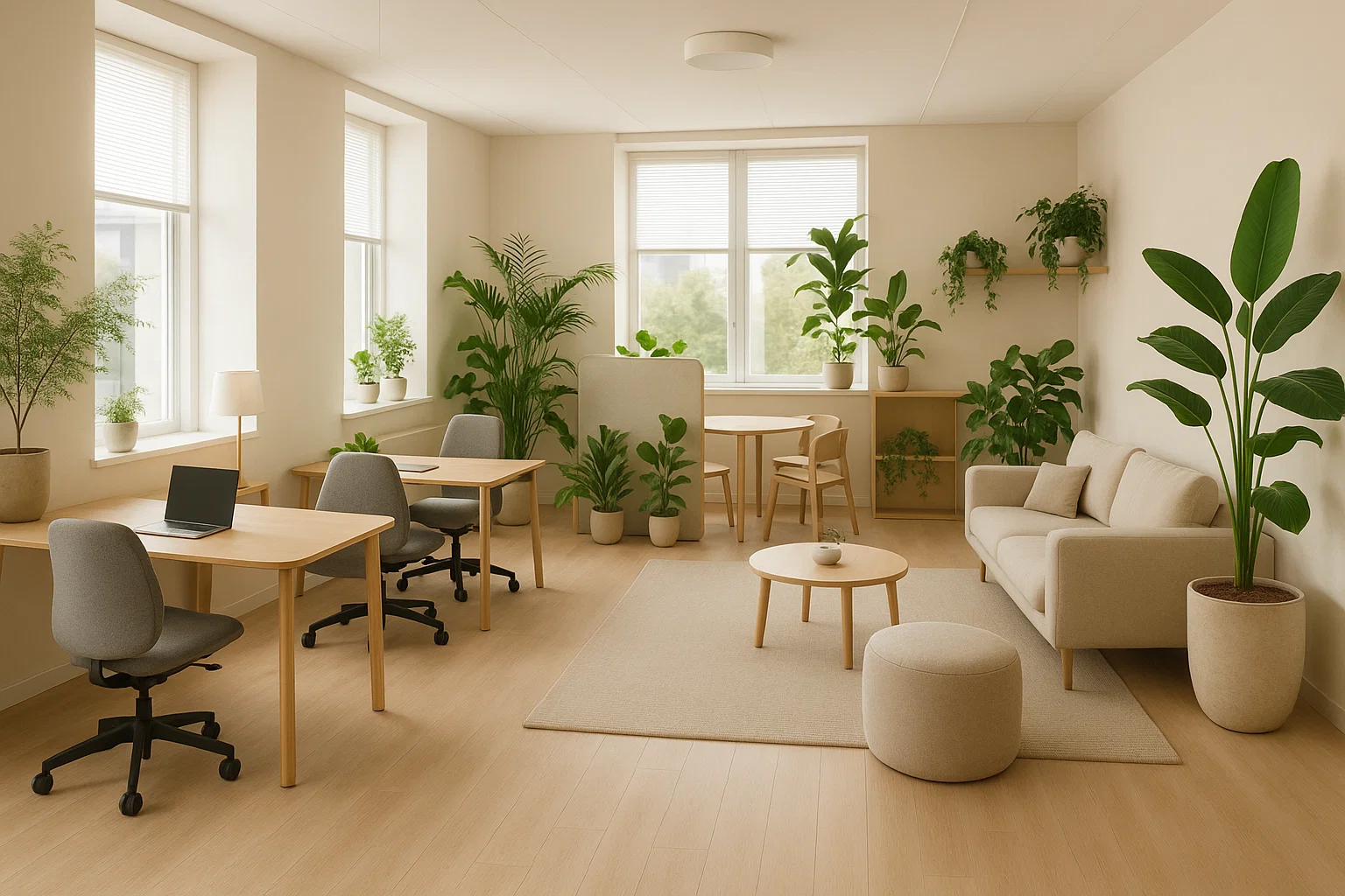 Coworkingruimte met ergonomisch meubilair, natuurlijke verlichting, planten en ontspanningszones, ontworpen voor welzijn en werk-privébalans — zonder mensen of tekst.