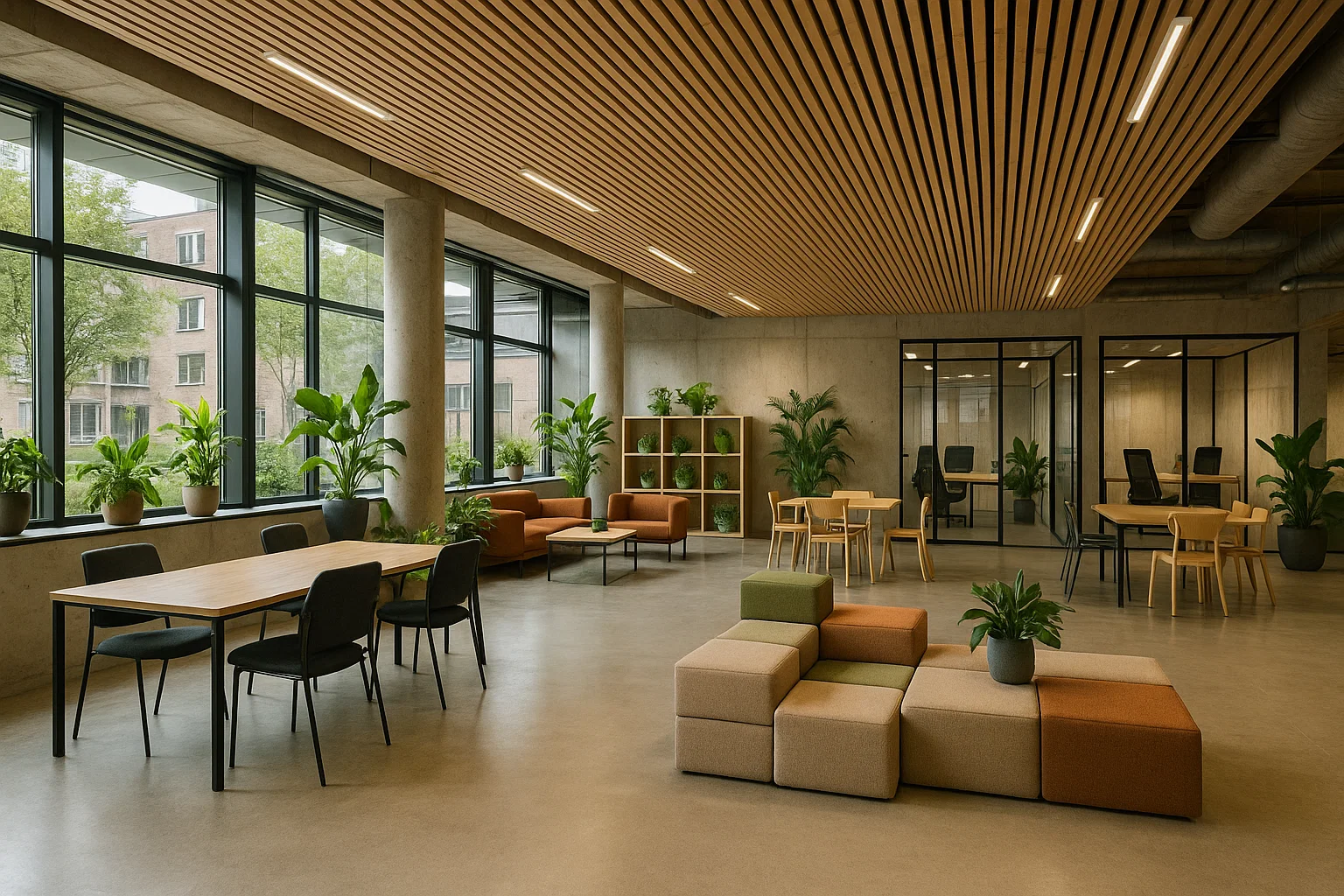 Flexibele coworkingruimte in Nederland met modulaire werkplekken, glazen kantoren en duurzame inrichting vol daglicht en groen.