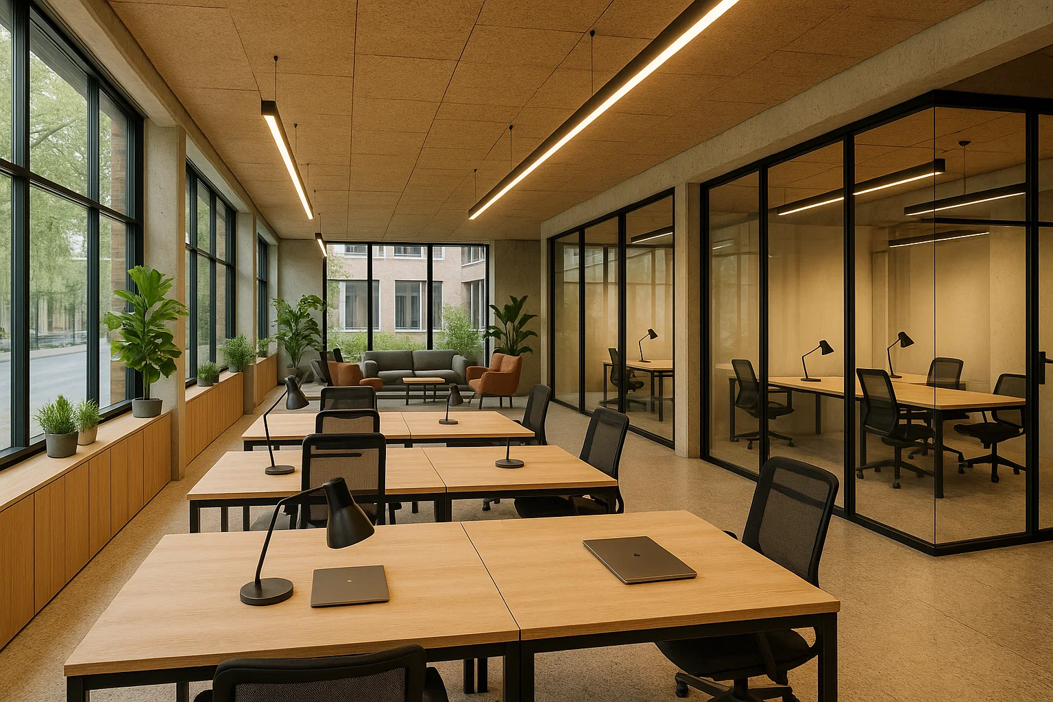 Moderne coworkingruimte in België met gedeelde bureaus, glazen kantoren en duurzame inrichting met veel daglicht en groen.