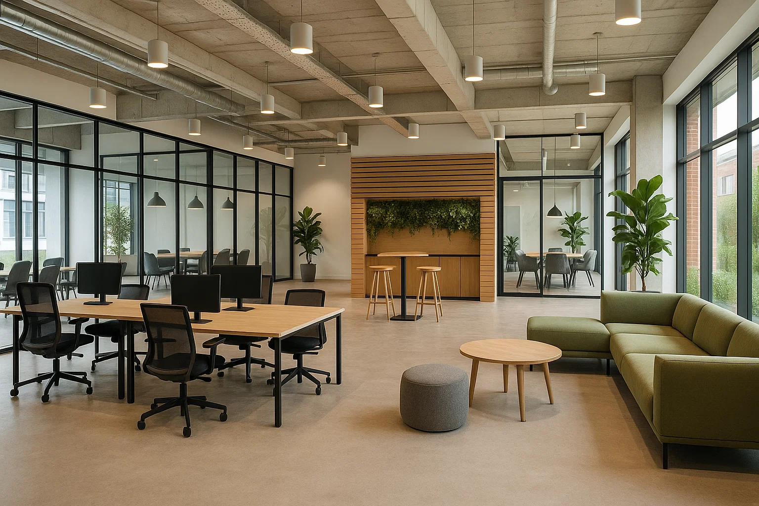 Moderne coworkingruimte ingericht als innovatiehub met flexibele werkplekken.