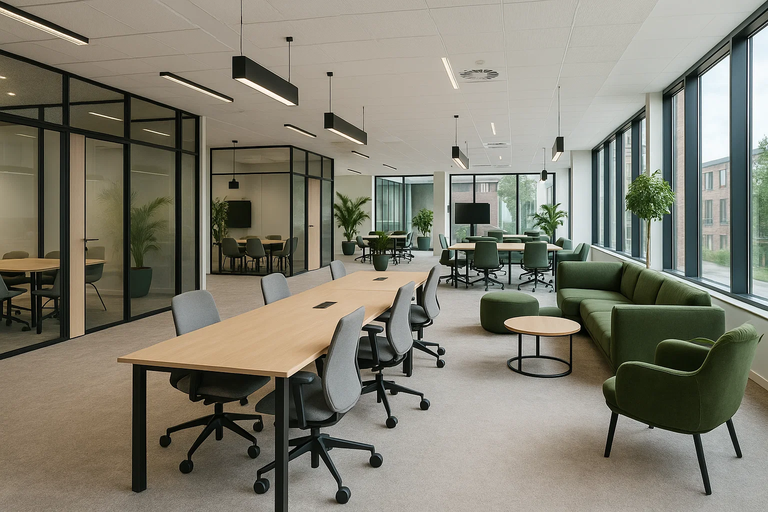 Moderne coworkingruimte met open indeling en creatieve samenwerkingzones.
