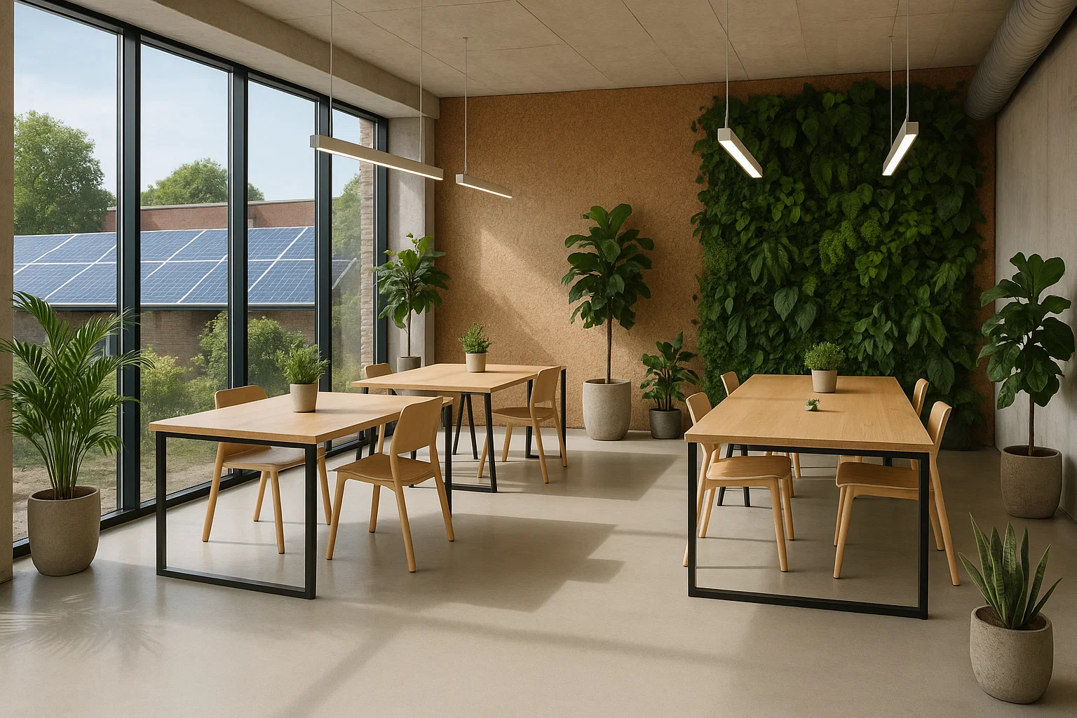 Moderne duurzame coworkingruimte in België met natuurlijke verlichting, groene planten, gerecycleerde materialen en gedeelde werkplekken — zonder mensen of tekst.
