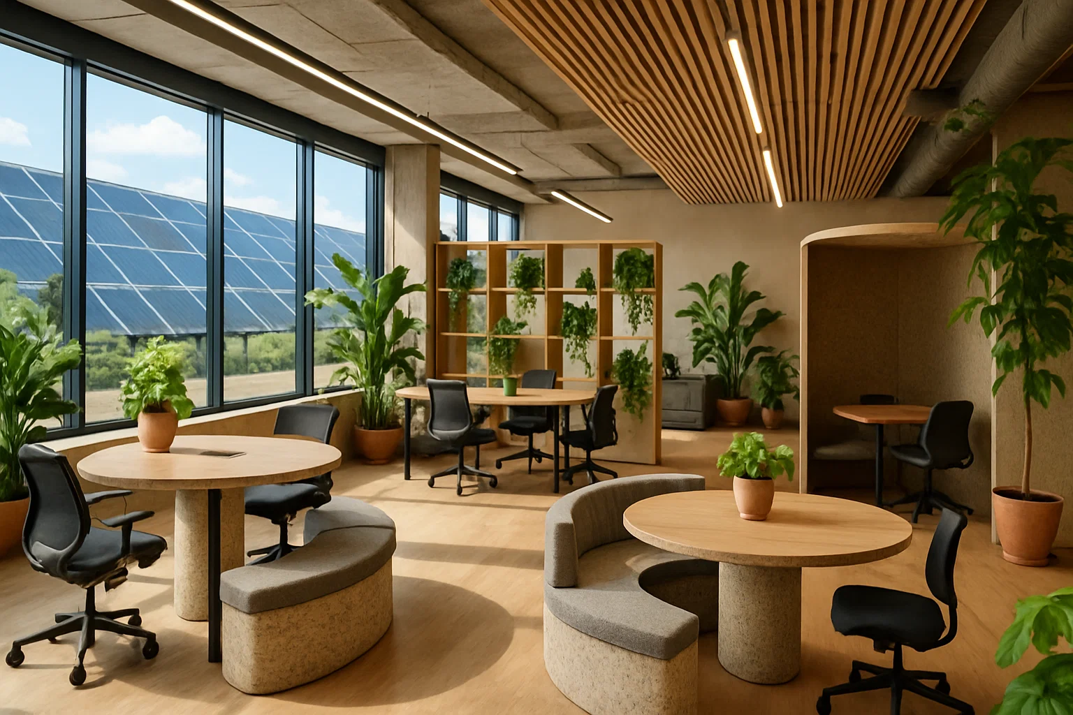 Duurzame coworkingruimte in Nederland met veel daglicht, circulaire meubels, zonnepanelen en groene accenten die productiviteit en samenwerking ondersteunen.