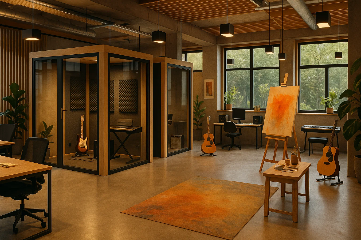 Moderne coworkingruimte in België met creatieve studio’s, muziekinstrumenten en geluidsdichte cabines