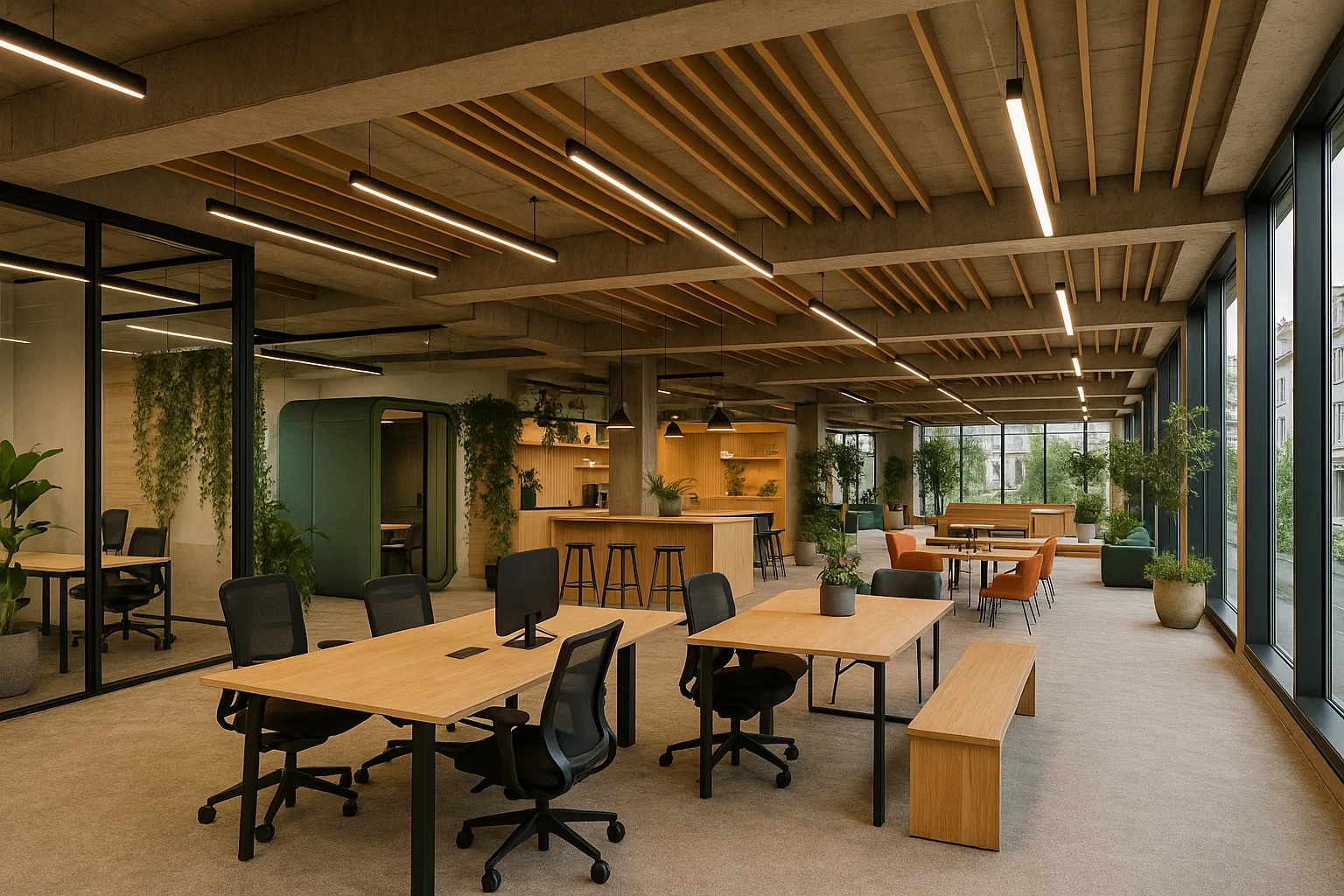 Moderne coworkingruimte in België met flexibele werkplekken, duurzame inrichting en gedeelde faciliteiten zoals vergaderruimtes en loungezones.