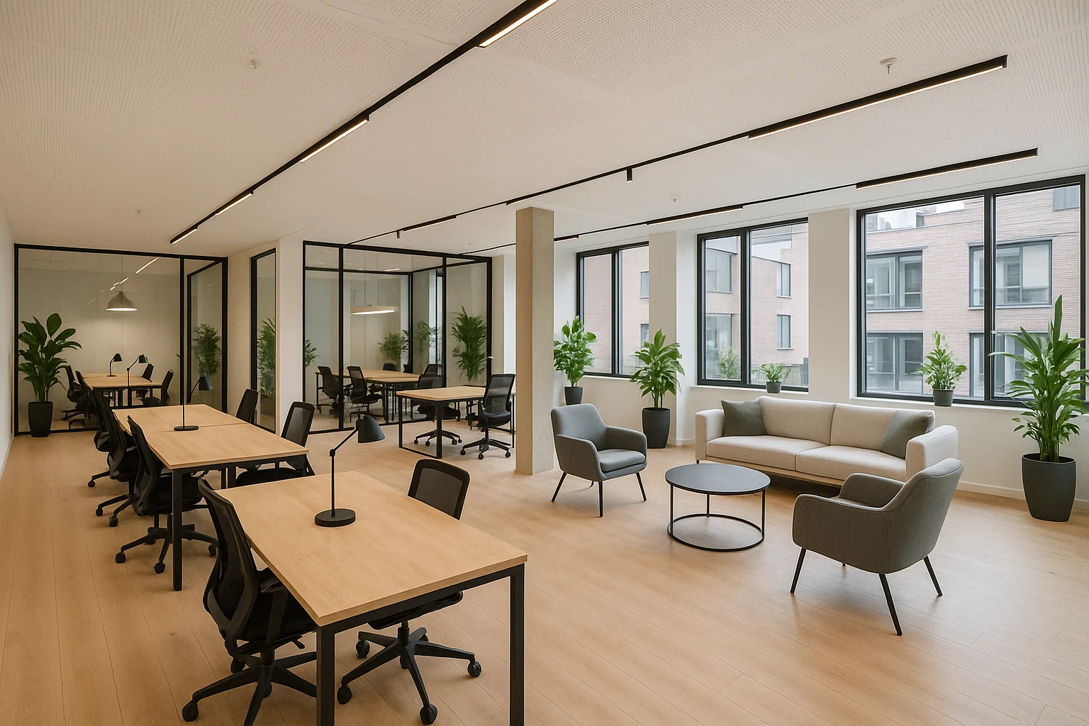 Moderne coworkingruimte in België met open bureaus, vergaderruimtes en duurzame inrichting.