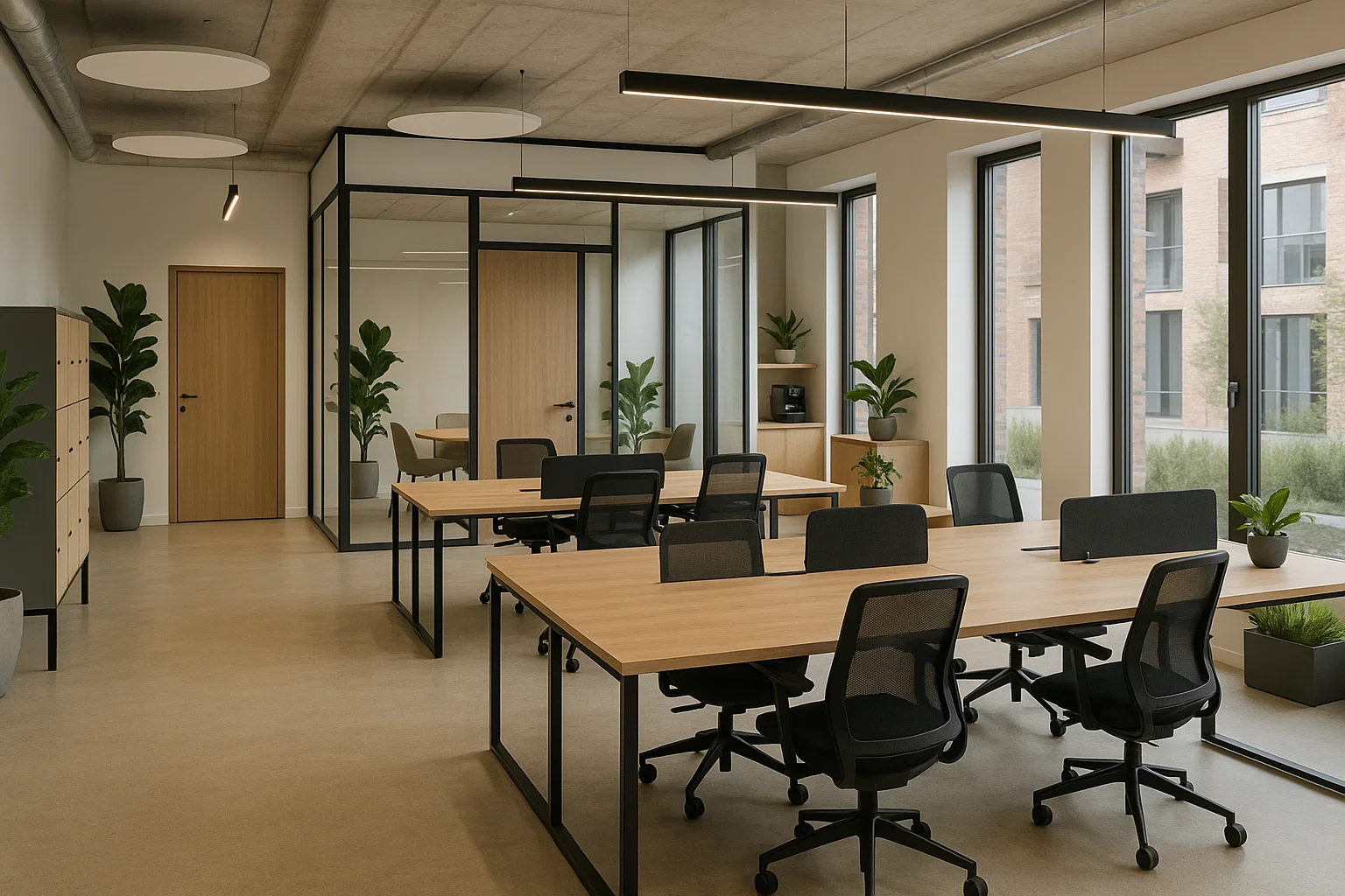 Moderne coworkingruimte in België met open bureaus, vergaderruimtes, lockers en een koffiehoek in een lichte, duurzame inrichting.