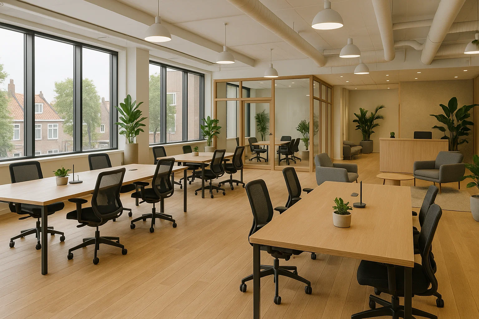 Moderne coworkingruimte in Nederland met flexibele werkplekken, gedeelde vergaderruimtes en duurzame inrichting met veel licht en groen.