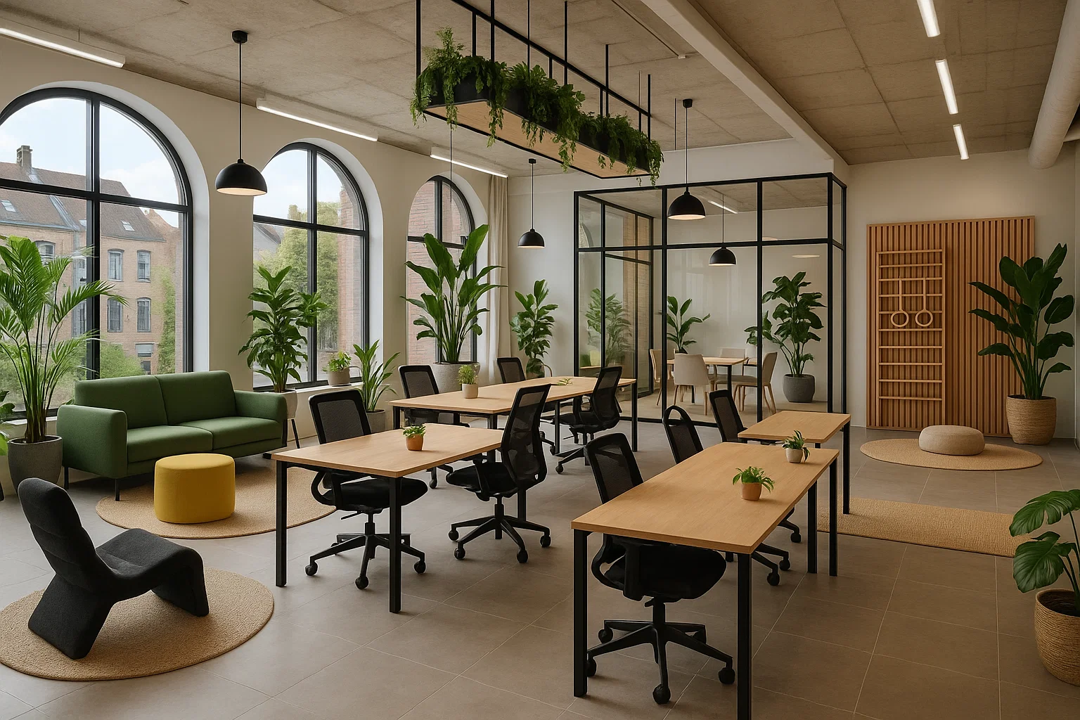 Unieke coworkingruimte in België met modern interieur, ergonomisch meubilair, groene planten en gedeelde faciliteiten zoals vergaderruimtes en loungezones.