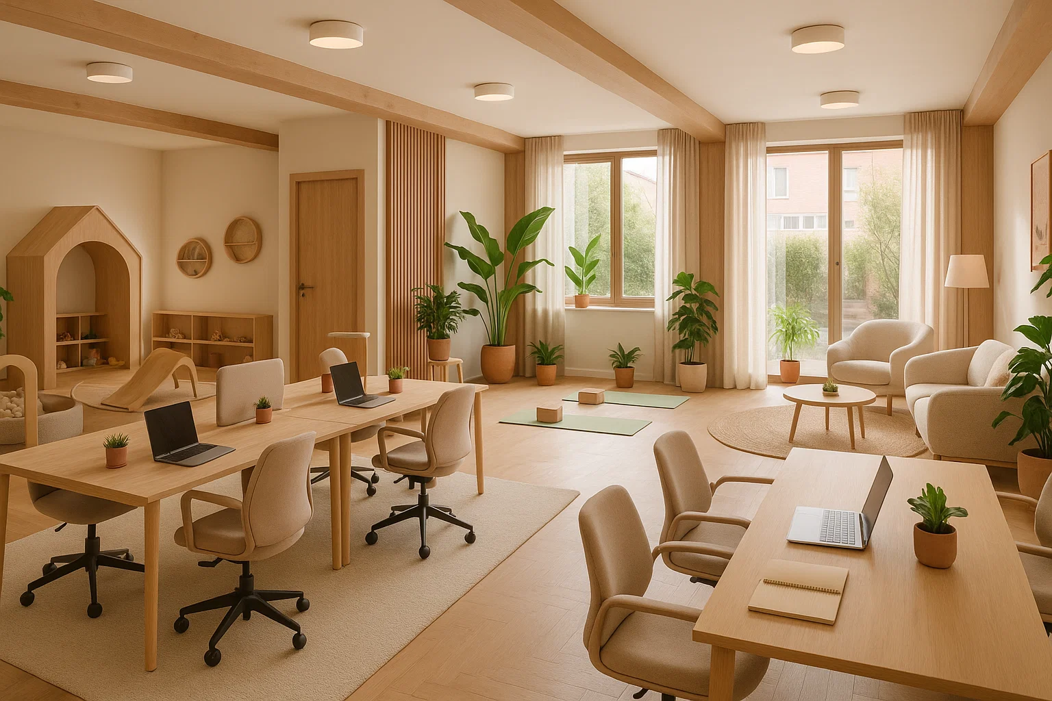 Women-centric coworkingruimte in België met kinderopvanghoek, wellnessruimte en moderne werkplekken