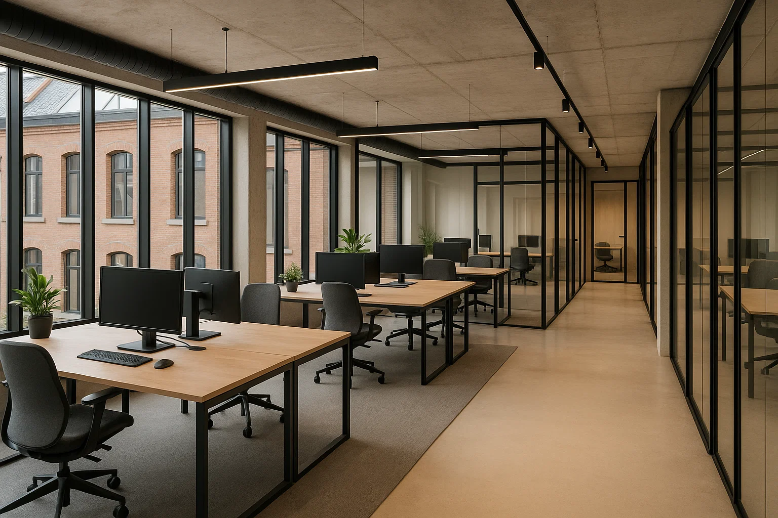 Beeld van een moderne coworkingruimte in België met open bureaus, privé-kantoren en veel daglicht, ontworpen voor flexibiliteit en professionele uitstraling.
