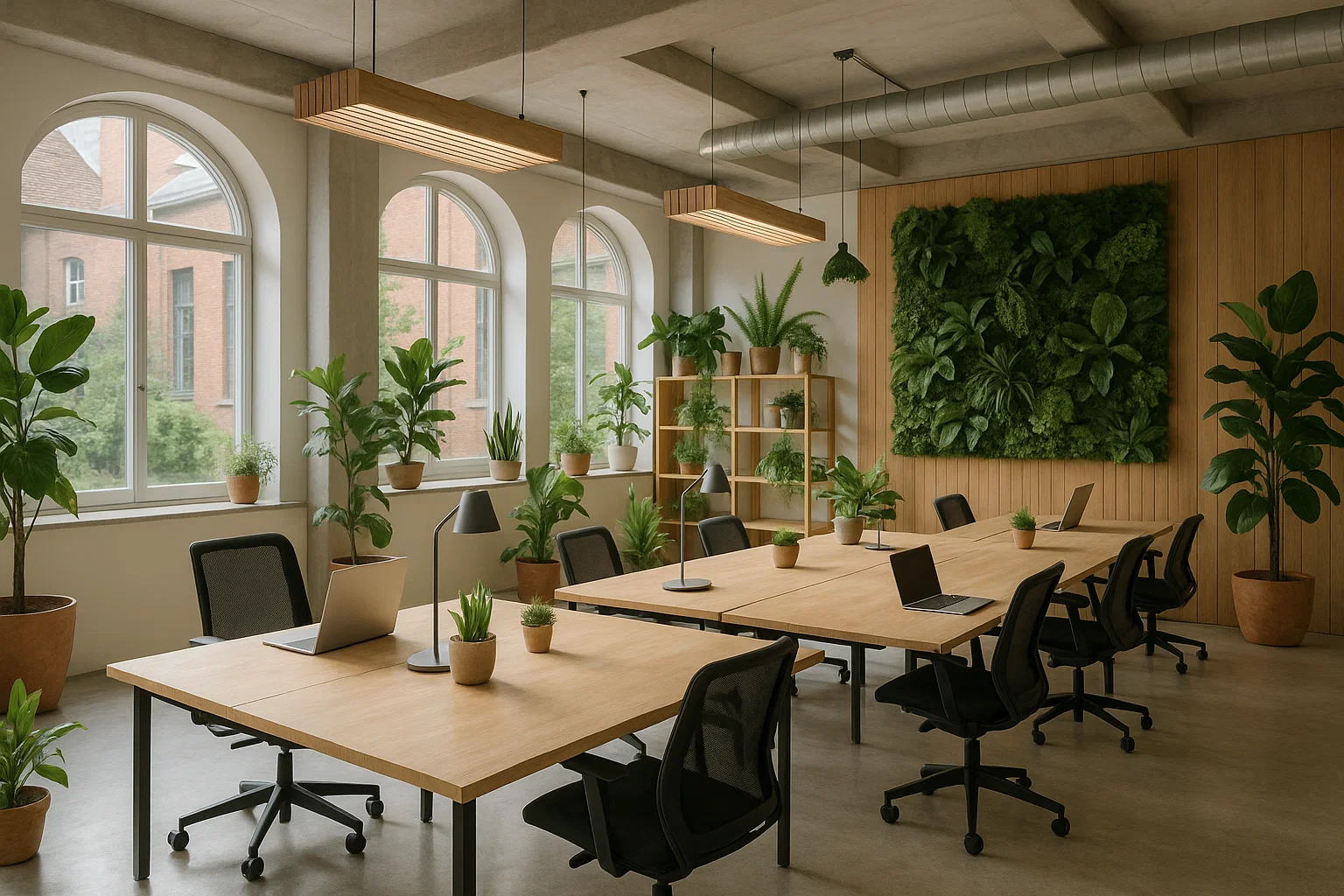 Fotorealistische coworkingruimte in België met moderne inrichting, veel daglicht en duurzame details die groei en samenwerking uitstralen.