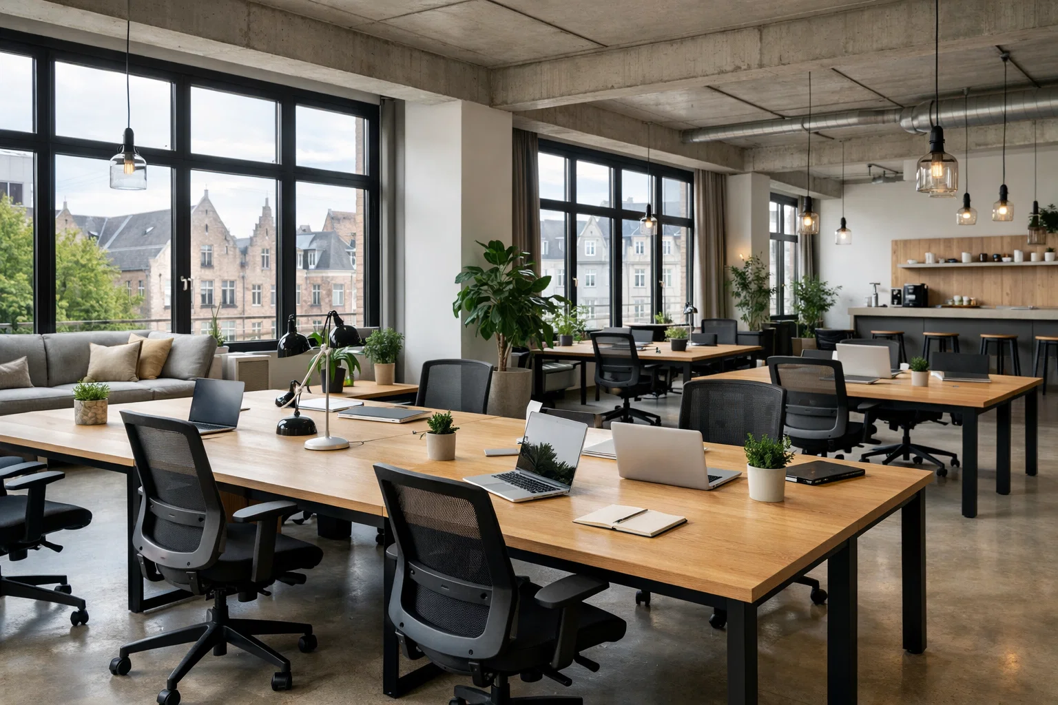 Moderne coworkingruimte in Gent met gedeelde werkplekken.