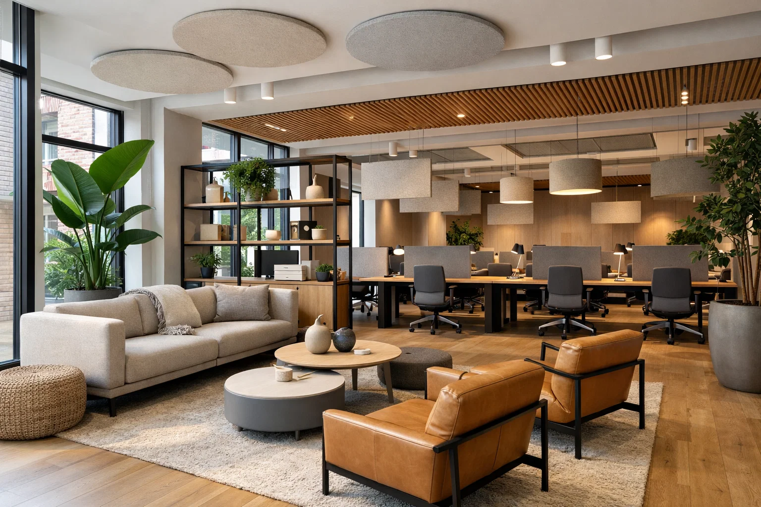 Moderne coworking lounge met daglicht, planten en gedeelde werkplekken.