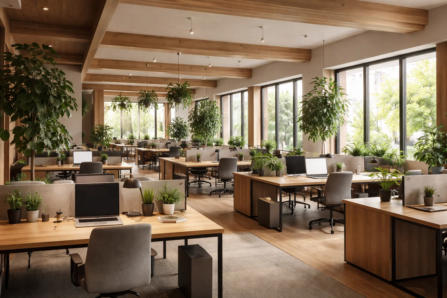 Moderne coworkingruimte met gedeelde werkplekken en veel daglicht.