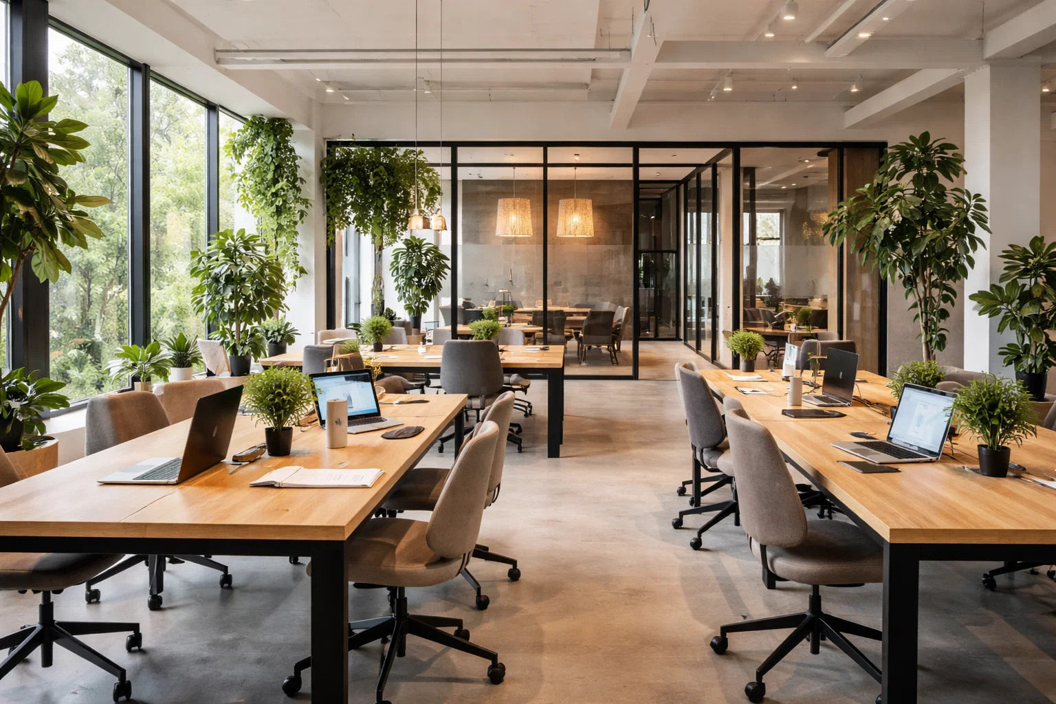 Moderne coworkingruimte met gedeelde werkplekken en veel daglicht.