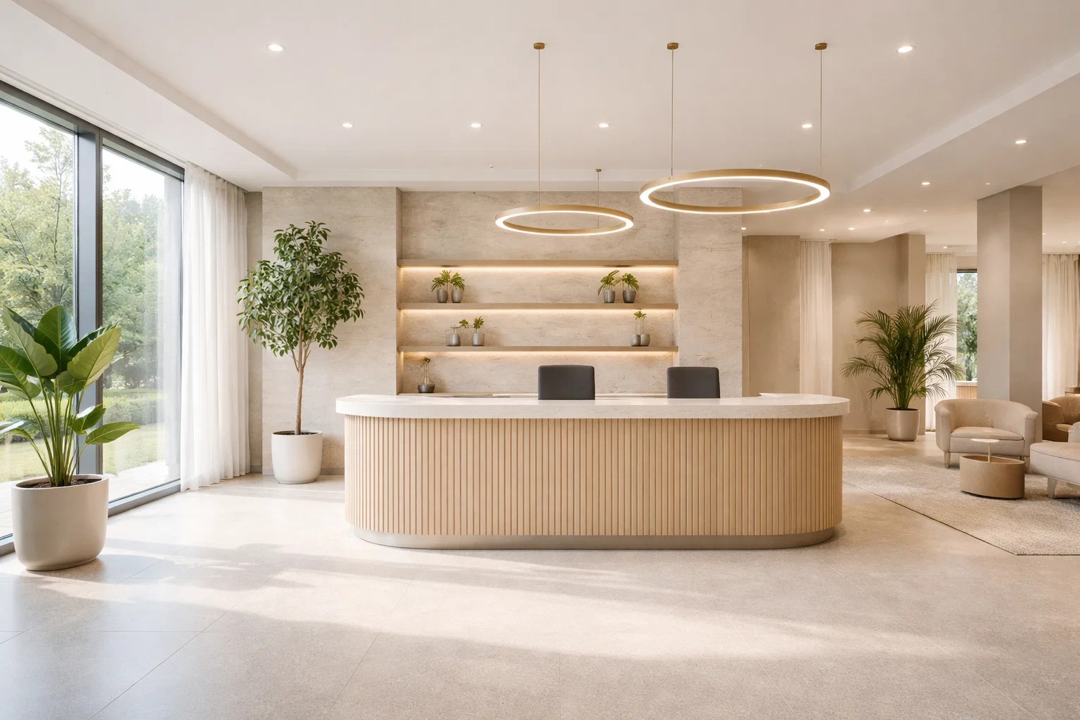 Receptie van een moderne coworkingruimte met veel daglicht en rustige materialen.