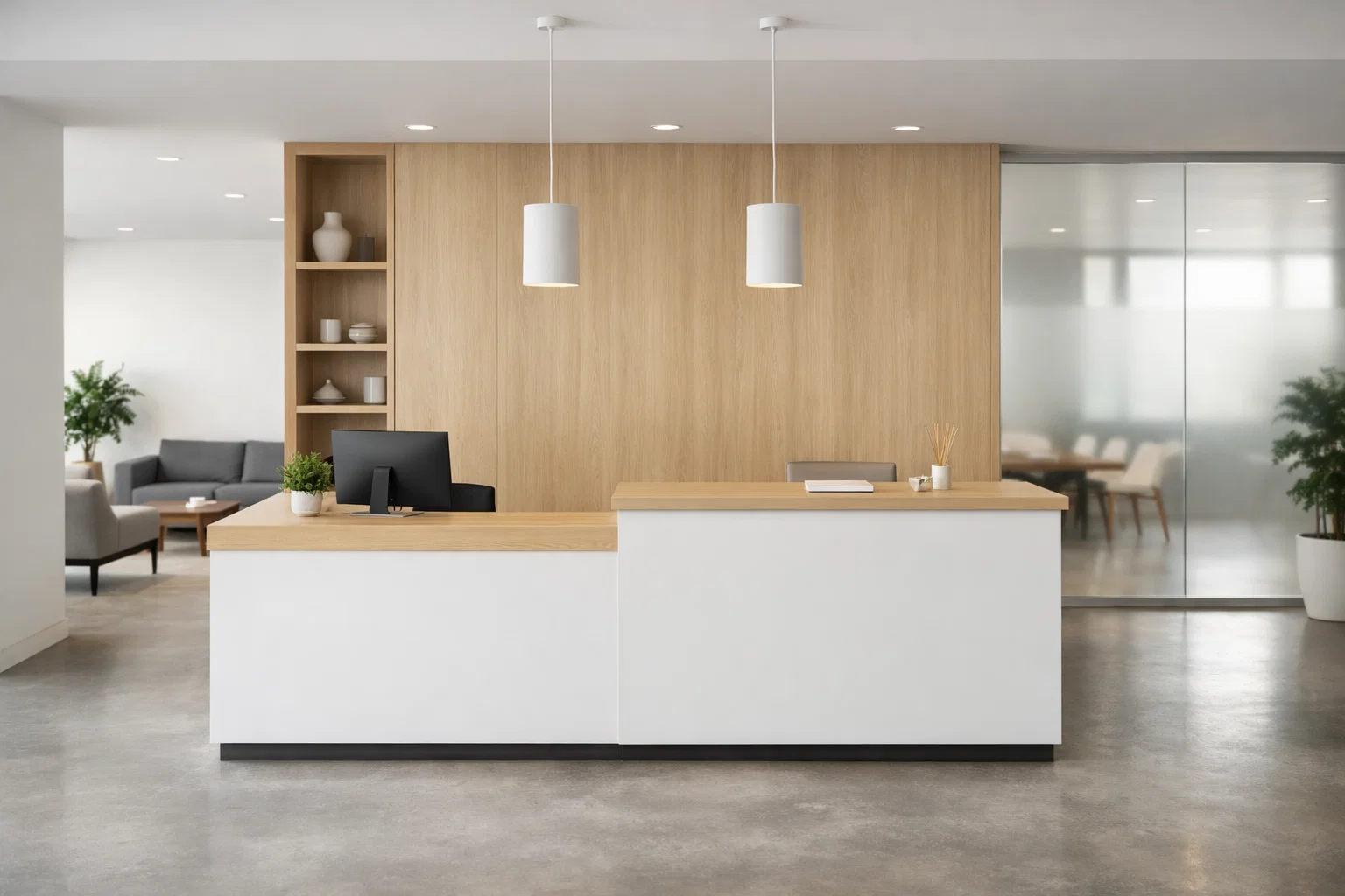 Receptieruimte in een moderne coworking met rustige, professionele uitstraling
